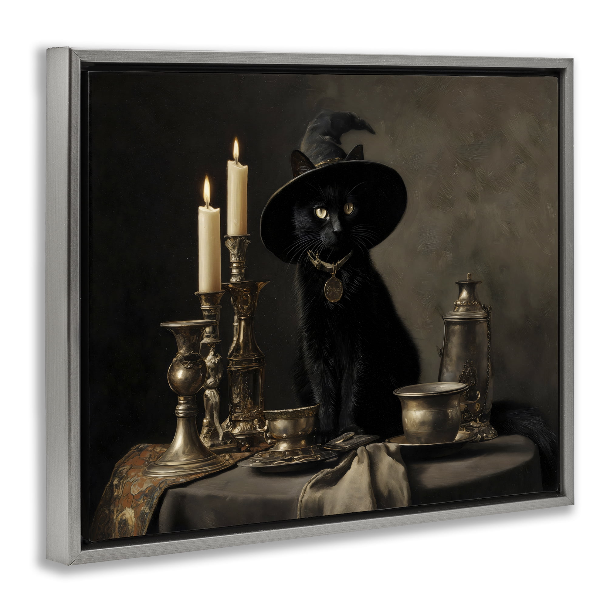 Vintage Witchy Black Cat Gray Framed Floater Canvas Wall Art, design by Arlington Prints
