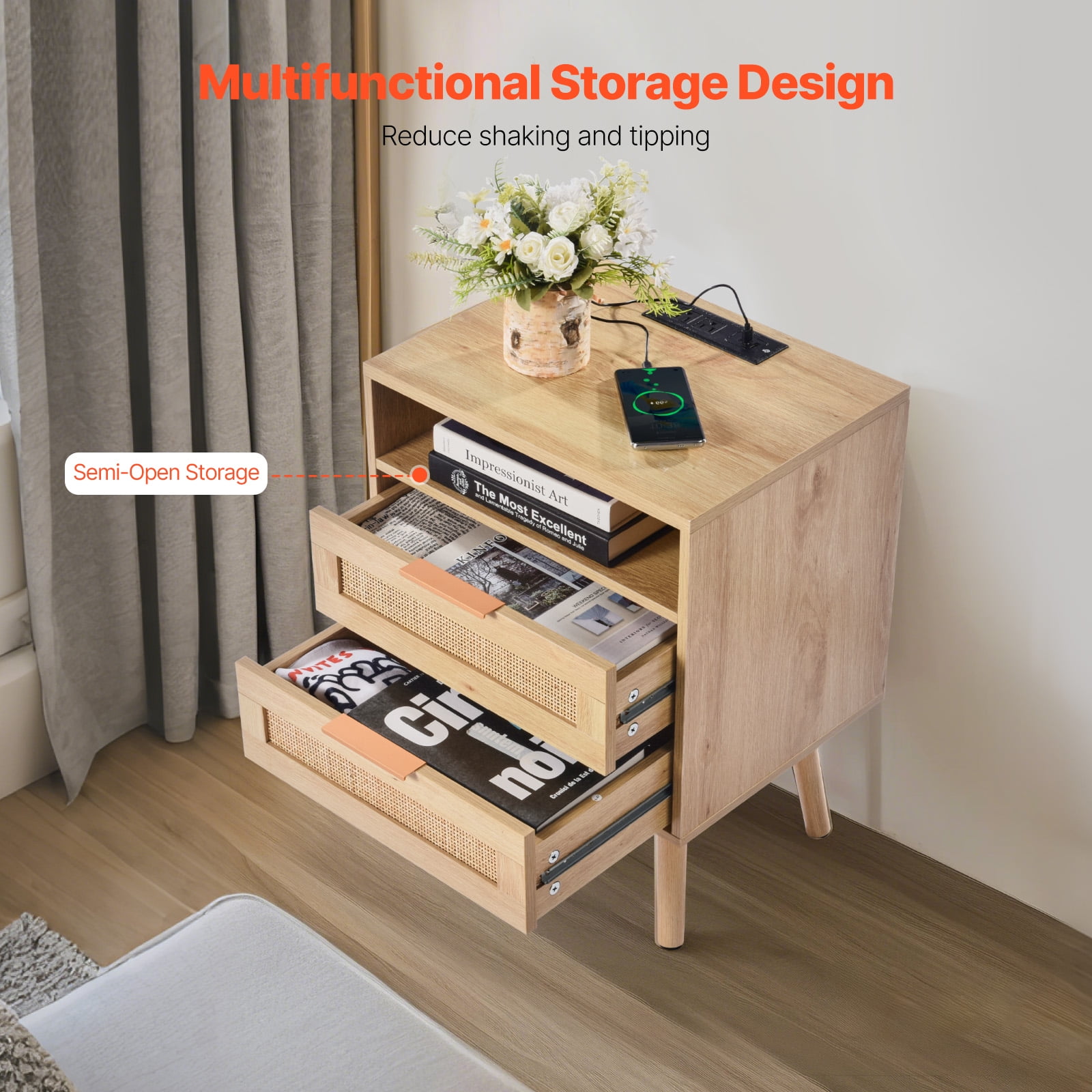 KFFKFF Wicker Nightstand, Bohemian Style Side Table with Open Compartment and Dual Drawers, Wicker Accent Table Nightstand with Sturdy Wooden Legs, Wicker Bedside Table with Power Dock