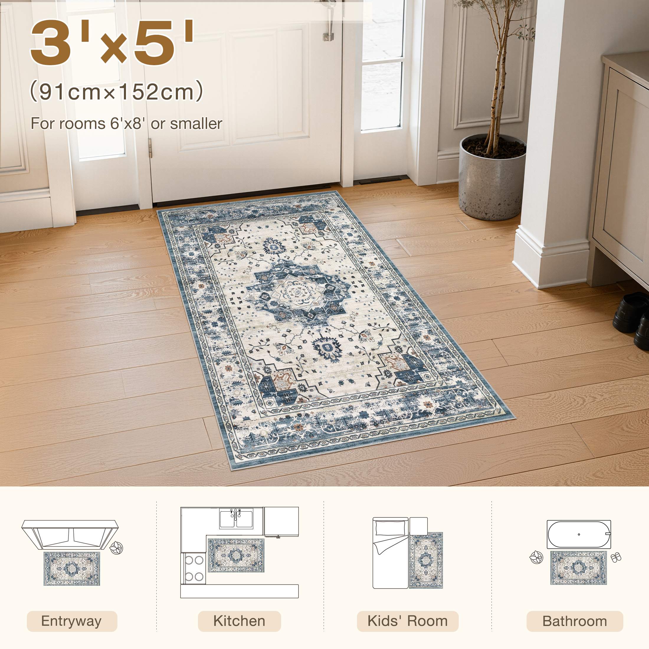 Uermei 3'x5' Washable Area Rug: Soft Non-Slip Indoor Floor Rug for Bedroom, Office, Dining Room, Entryway, Stain-Resistant Door Mat Throw Carpet for Laundry Foyer - Blue