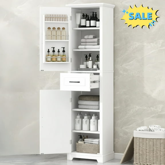 Tcbosik Modern Storage Cabinet, 66 inch Bathroom Cabinet with Adjustable Shelves and Door Rack, Freestanding Linen Cabinet, Kitchen Cupboard with Drawer for Dining Room, Living Room, White