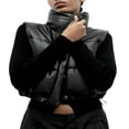 thumbnail image 1 of Women PU Puffer Vest Solid Color Stand Collar Quilted Waistcoat Fall Winter Padded Jacket Coat, 1 of 7