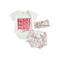 thumbnail image 1 of SUNSIOM Easter Infant Girls Clothes Suits Letter Print Short Sleeve Crew Neck Romper Rabbit Floral Print Shorts Bow Headband 3Pcs Sets, 1 of 6