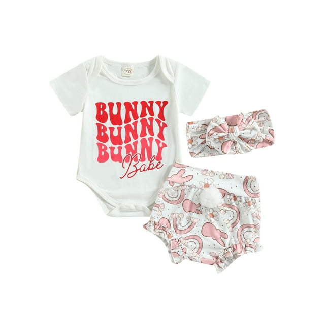 SUNSIOM Easter Infant Girls Clothes Suits Letter Print Short Sleeve Crew Neck Romper Rabbit Floral Print Shorts Bow Headband 3Pcs Sets