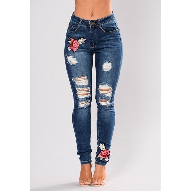 Women's High Waist Denim Jeans Floral Embroidered Trouser Skinny Stretch Blue 