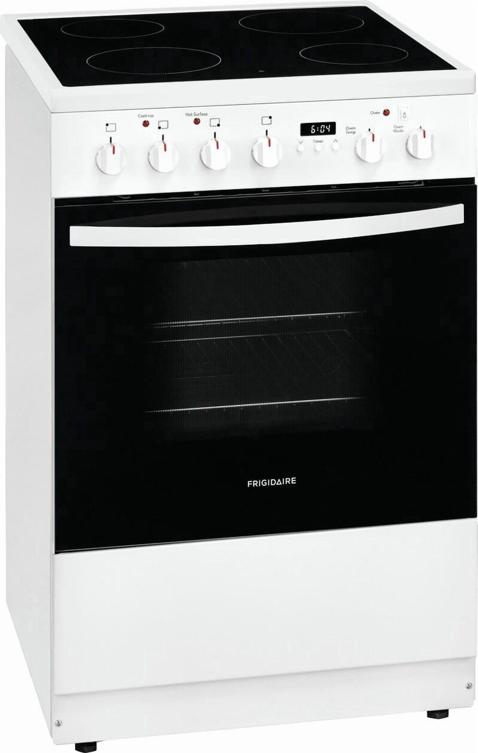 Frigidaire FCFE2425AW 24'' Freestanding Electric Range with 4 Elements, Smoothtop Cooktop, Storage Drawer, Convection Oven, Viewing Window, Storage Drawer, in White