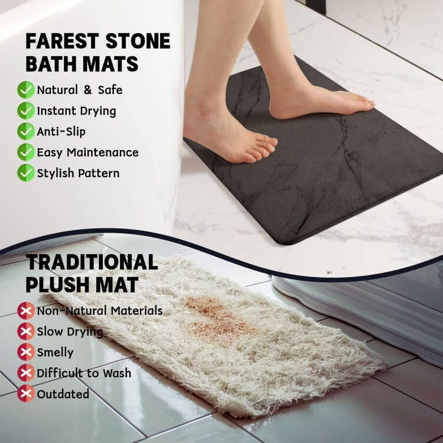 Stone Bath Mat, Diatomaceous Earth Fast-Drying & Absorbent Shower Mat, Non-Slip Diatomite Bathroom Floor Mat for Bathtub(23.6''×15.4" Gray Marble)