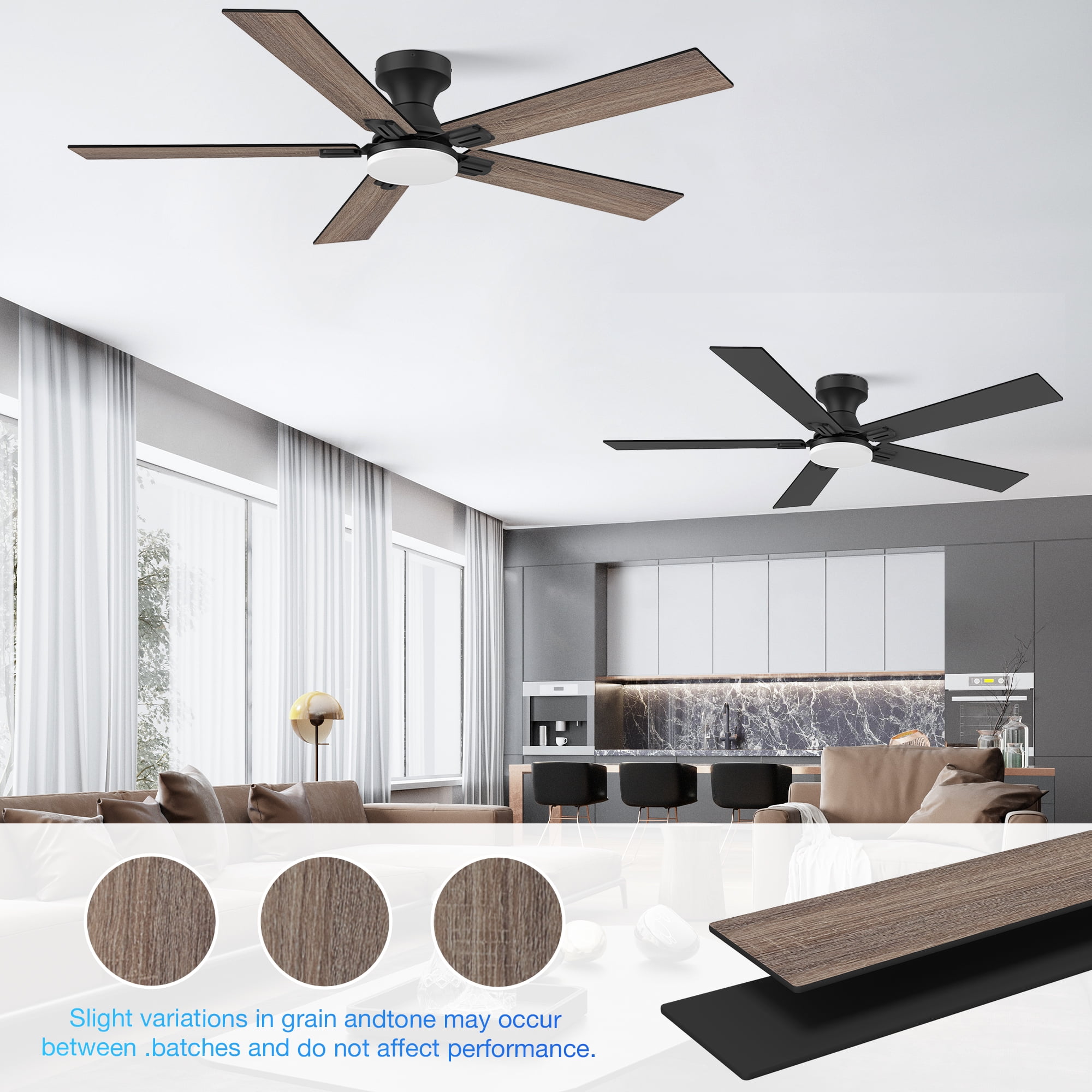 52” Smart Wood Flush Mount Ceiling Fans with Lights Remote,Quiet DC Motor,Outdoor Indoor Low Profile Ceiling Fan,Voice WIFI Alexa App Control,Dimmable,6-speed,for Modern Bedroom Patio