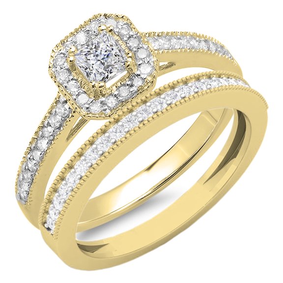 Dazzlingrock Collection 0.65 Carat (ctw) 14K White Diamond Ladies Bridal Halo Engagement Ring Set, Yellow Gold, Size 6