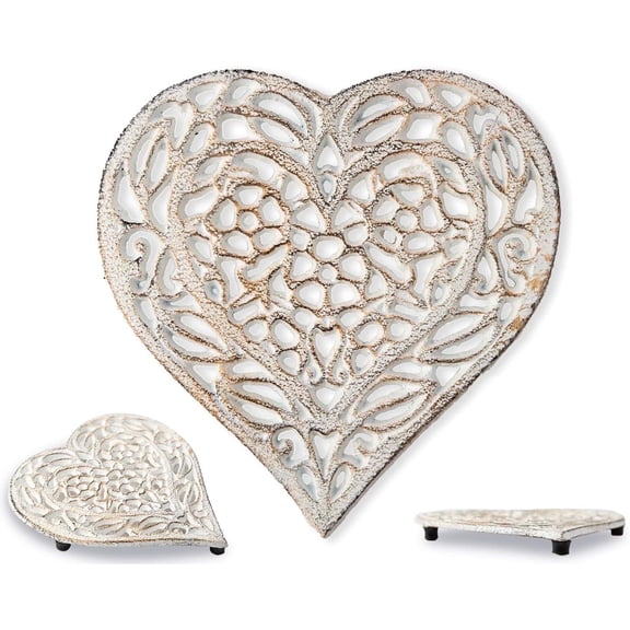 Comfify Cast Iron Heart Shaped Trivet with Rubber Feet, Heat Resistant Kitchen Table Protector, White