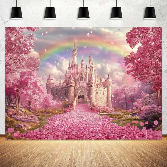 10 x 6.5 ft Pink Castle Princess Backdrop Floral Castle Kids Birthday Girls Woman Birthday Party Family Wedding Mothers Day Party Backdrop Baby Adult Girl Portrait Banner Studio Props