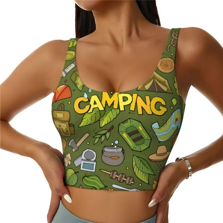 Adobk Camping 1 Print Sports Bras for Women Longline Workout Crop Tank Tops Padded with Built in Shelf Padded Sports Bra-Medium