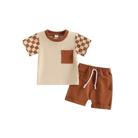 

CIYCuIT 0-3T Toddler Baby Boys Clothes Summer Outfit Checkerboard Print Short Sleeve T-Shirt Tops Drawstring Shorts Set