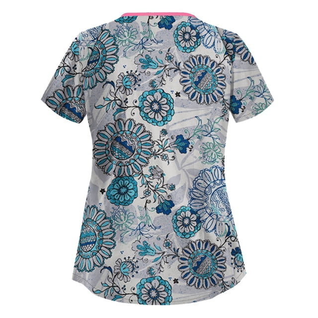 Pompotops Blouse d'Uniforme de Travail à Manches Courtes et Col Imprimé Floral pour Femmes