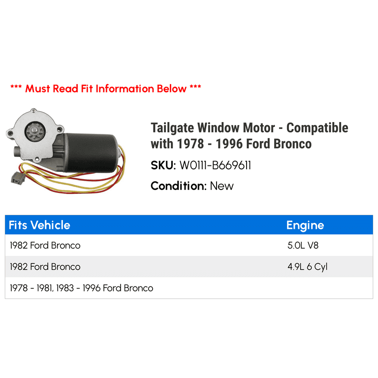 9-Tooth Tailgate Window Motor For 1978-1996 Ford Bronco - Front Left Replacement 9-Tooth Tailgate Window Motor For 1978-1996 Ford Bronco - Front Left Replacement