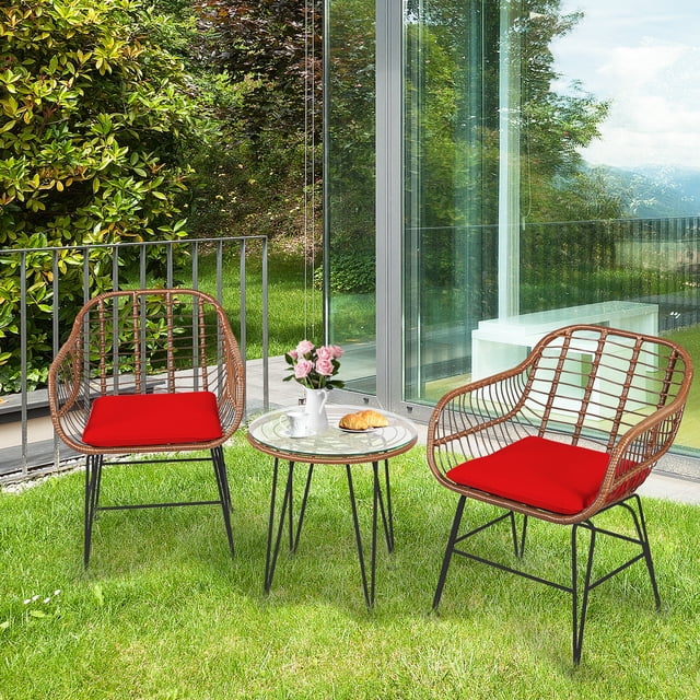 Gymax Ensemble de Conversation de Patio en Rotin 3 Pcs, Style Bistro, avec Coussins Rouges