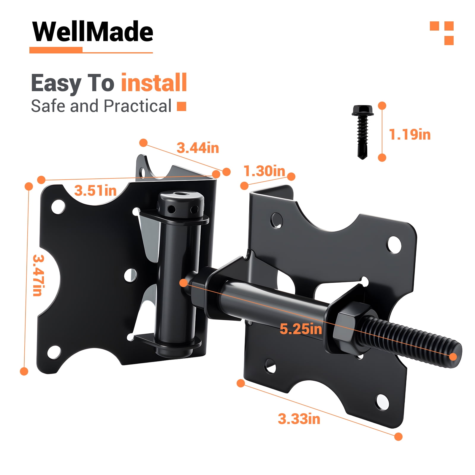 WellMade 2 Pack Heavy Duty Self Closing Gate Hinges，Adjustable Vinyl Gate Hinges with Screws and Swing Adjuster Tool，Black
