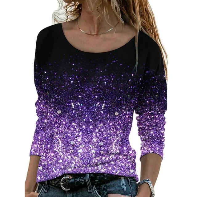 LUXUR T-shirt Col Rond Femme Chic Quotidien Fleur Hachée Violet 4TG