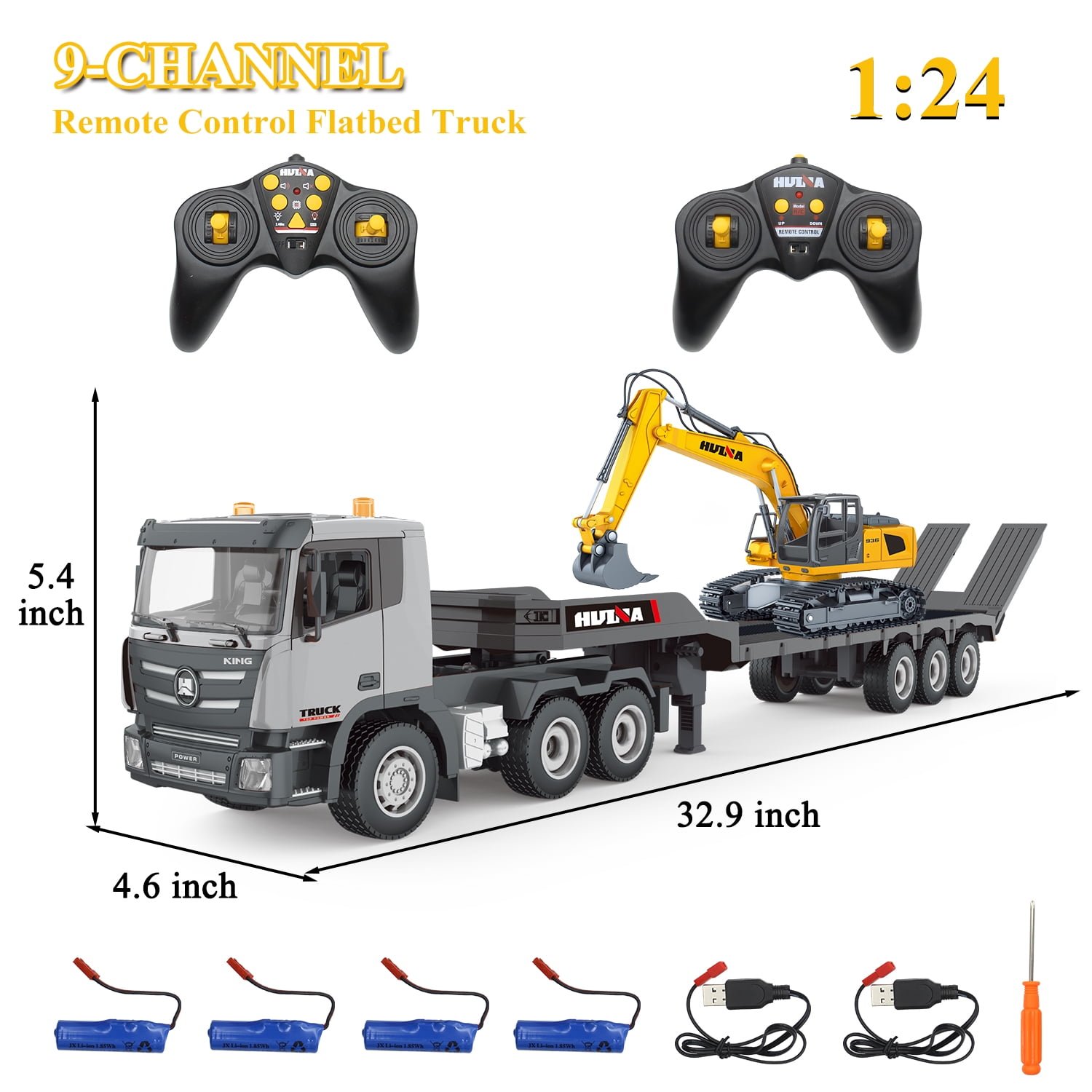 Remote Control Trailer Truck with RC Excavator Playset, RC Trailer Engineering Car with Light and Sound