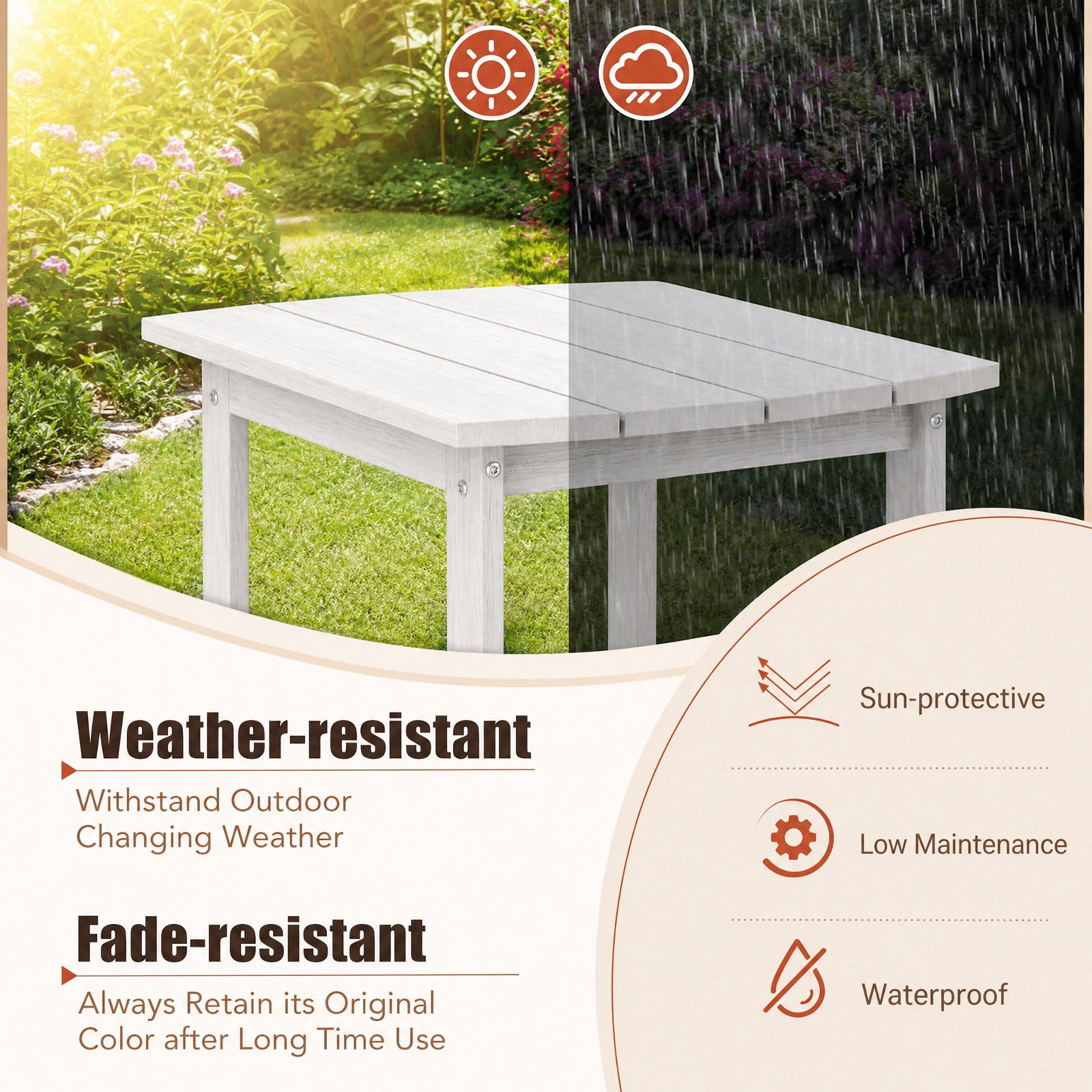 Furnibear 18 Inch Adirondack Outdoor Side Table Set of 2 with Wide Weather Resistant Tops for Patio Garden and Backyard Chairs, White