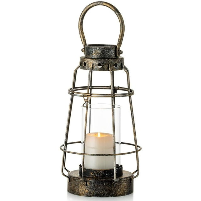 Faroles de vela vintage decorativos con asa Portavelas de pilar portátil rústico con linterna de granja de hierro forjado de vidrio Namotu CZJJ-HQ118