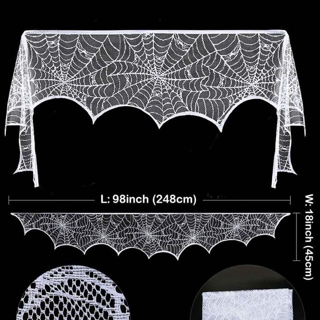 Ourwarm Halloween White Lace Spiderweb Fireplace Mantle Scarf Cover 243cm Table Cloth for Halloween Decoration Party Supplies