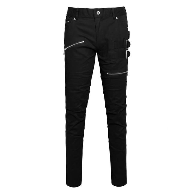 INSPIRE CHIC Men's Pant Slim Fit Pockets Patch Buckle Zipper Gothic Punk Rock Pants 28 Black
