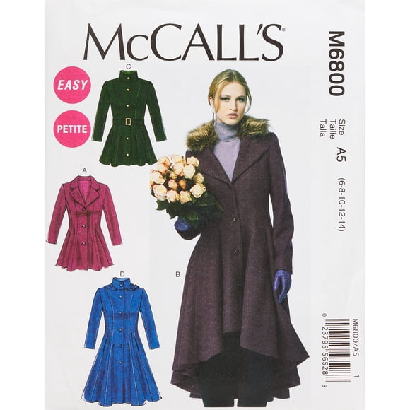 McCall's Pattern Company M6800 Misses'/Miss Petite Abrigos Forrados Cinturón Cuello Desmontable y Plantilla de Costura de Capucha Tamaño A5 (6-8-10-12-14)
