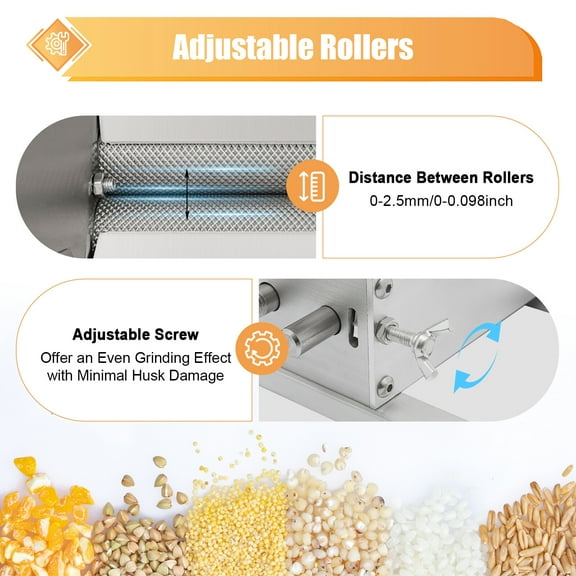2Rollers Large Capacity Crusher Steels Stainless steel Crusher Malt Mill Homebrew Grain Crusher for Milling Barley