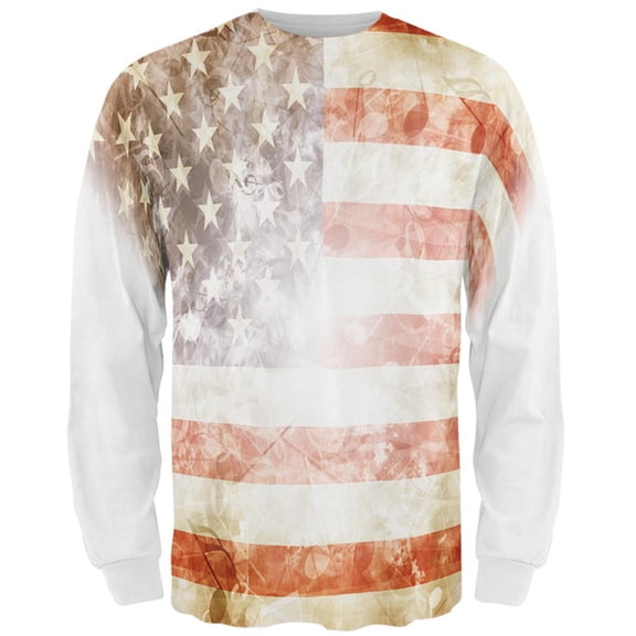 4th of July American National Anthem Flag and Lyrics All Over Mens Long Sleeve T Shirt Multi MD