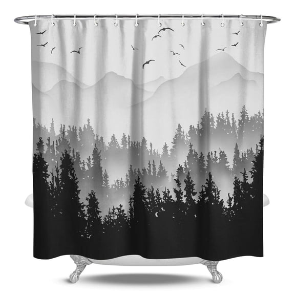 84 Inch Black and White Misty Forest Shower Curtain Set Grey Gray Ombre Waterproof Shower Curtains Nature Tree Mountain Woodland Decorative Bathroom Bath Curtain 12 hook (Black, 84'' × 72'')