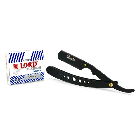 CS Matte Black New Ergonomic Design Folding Straight Razor, Shavette Manual Shaver Barber Salon with 100 Lord Platinum Single Edge Razor Blades