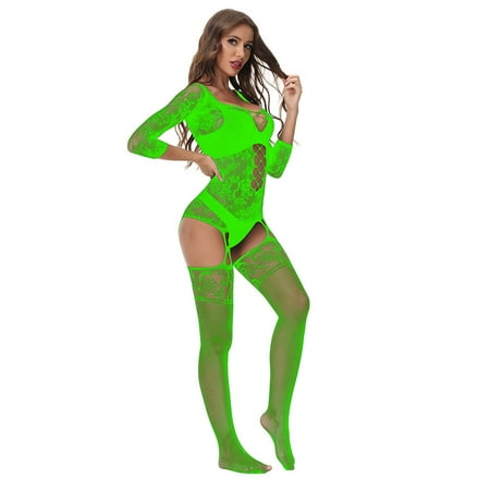 Odeerbi Body Stockings Lingerie for Women 2025 Sexy Fishnet Seamless Mesh Chemise Hollow Out Babydoll Bodysuit Sleepwear Green