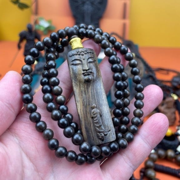 Wood Carved Pendant Necklace Buddhist Amulet Vintage Style Jewelry Spiritual Protection Charm for Men Women Handmade Gift