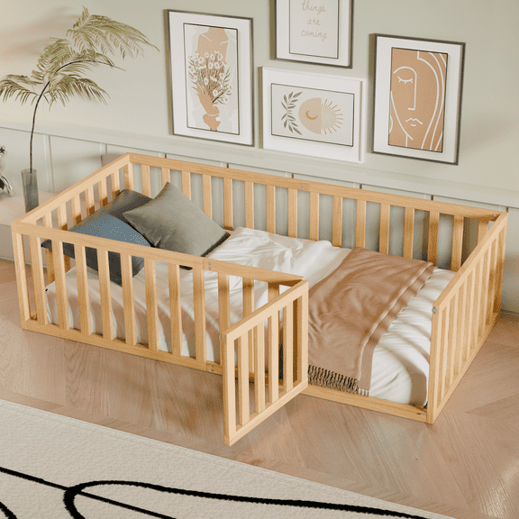 DreamBuck Twin Size Floor Bed Frame with Fence and Door, Wood Montessori Bed with Safety Guardrails, Floor Bed Frame for, Boys, Girls, No Box Spring Needed,Natural(No Bed Slats)