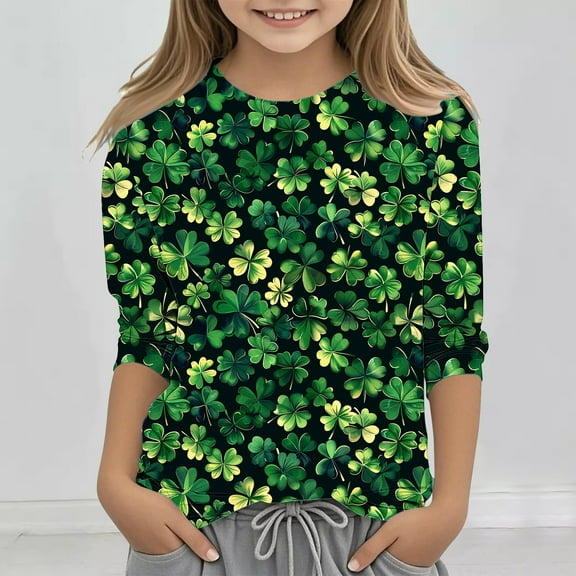 Riecok Hoodie Sweatshirt for Girls 3/4 Sleeve Crew Neck Casual Comfy Prints Pullover Spring Lightfleece Lined Tops Trendy Outfits Sweatshirt Older Children Pullover Multicolor 7 T