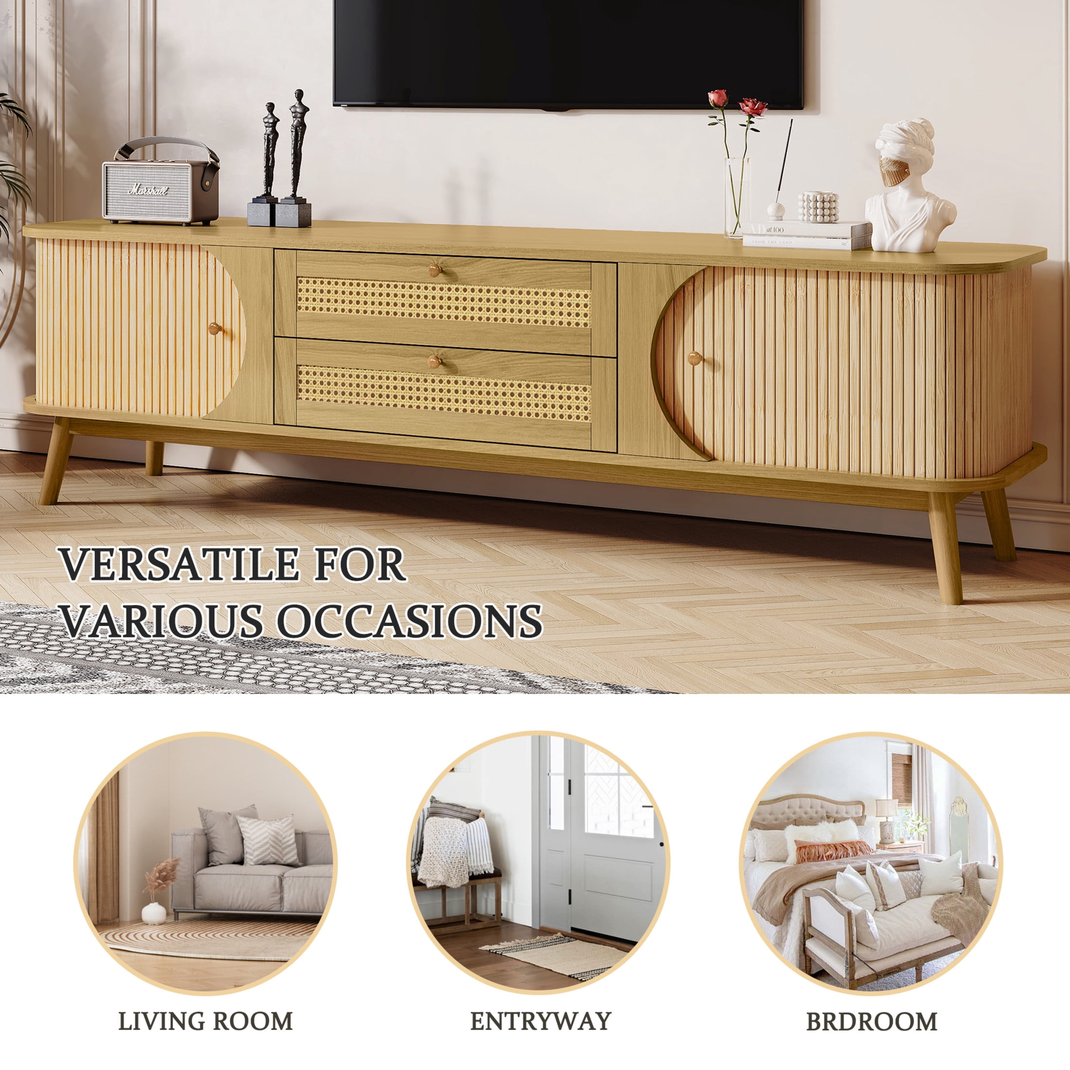 Noble House Rattan TV Stand for TVs up to 75 Inch with Storage Cabinets and Drawers, Natural
