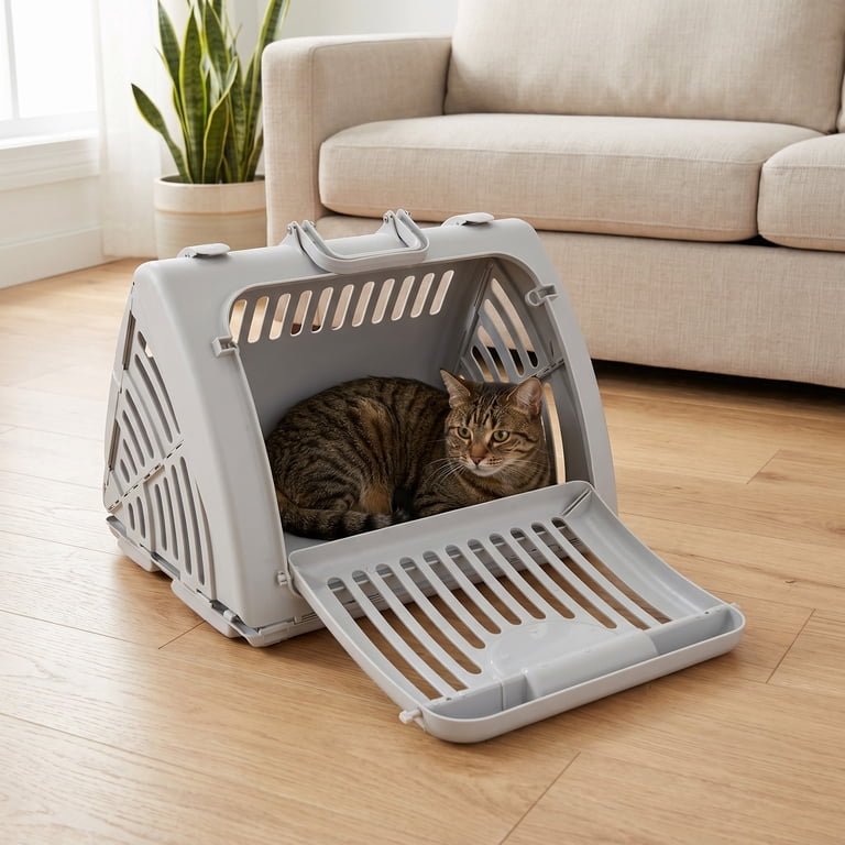 Vibrant Life Foldable Plastic Travel Cat Carrier Gray, Ventilated