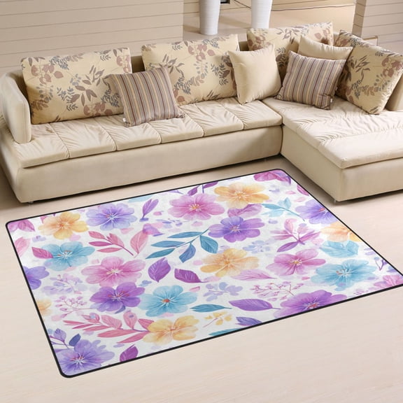 Non-Slip Area Rug 31"x20" Indoor Washable Floor Mats Carpet Printed for Living Room, Bedroom, Home Decor Pink and Purple Flowers