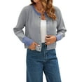 thumbnail image 2 of Women'S Cropped Cardigan Sweaters Fall Long Sleeve Open Front Button Down Color Block Knit Outwear Coats Grey XL, 2 of 8