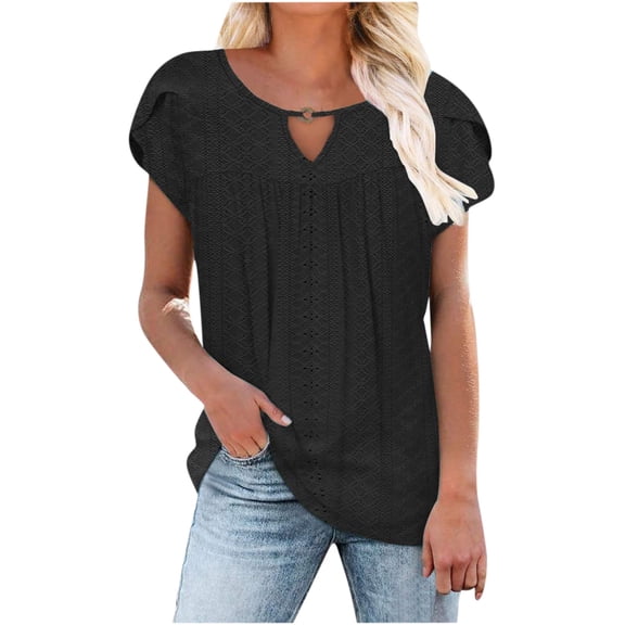 HAPIMO Women's Trendy Loose Tops Eyelet Dressy Tunic Clearance for Teen Girls Solid Color Ruched Summer Petal Sleeve Keyhole Neck Pullover Elegant Casual Relaxed Blouses Black XL