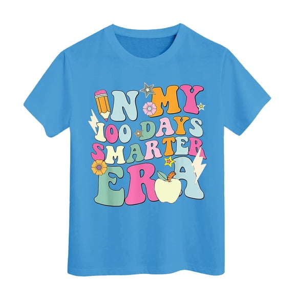 MIXUE Toddler Girls Tops & T-Shirts 100 Days Of School Letter Print Round Neck Short Sleeve Casual Pullover Tee Shirts Sportwear,Blue,3-4 Years