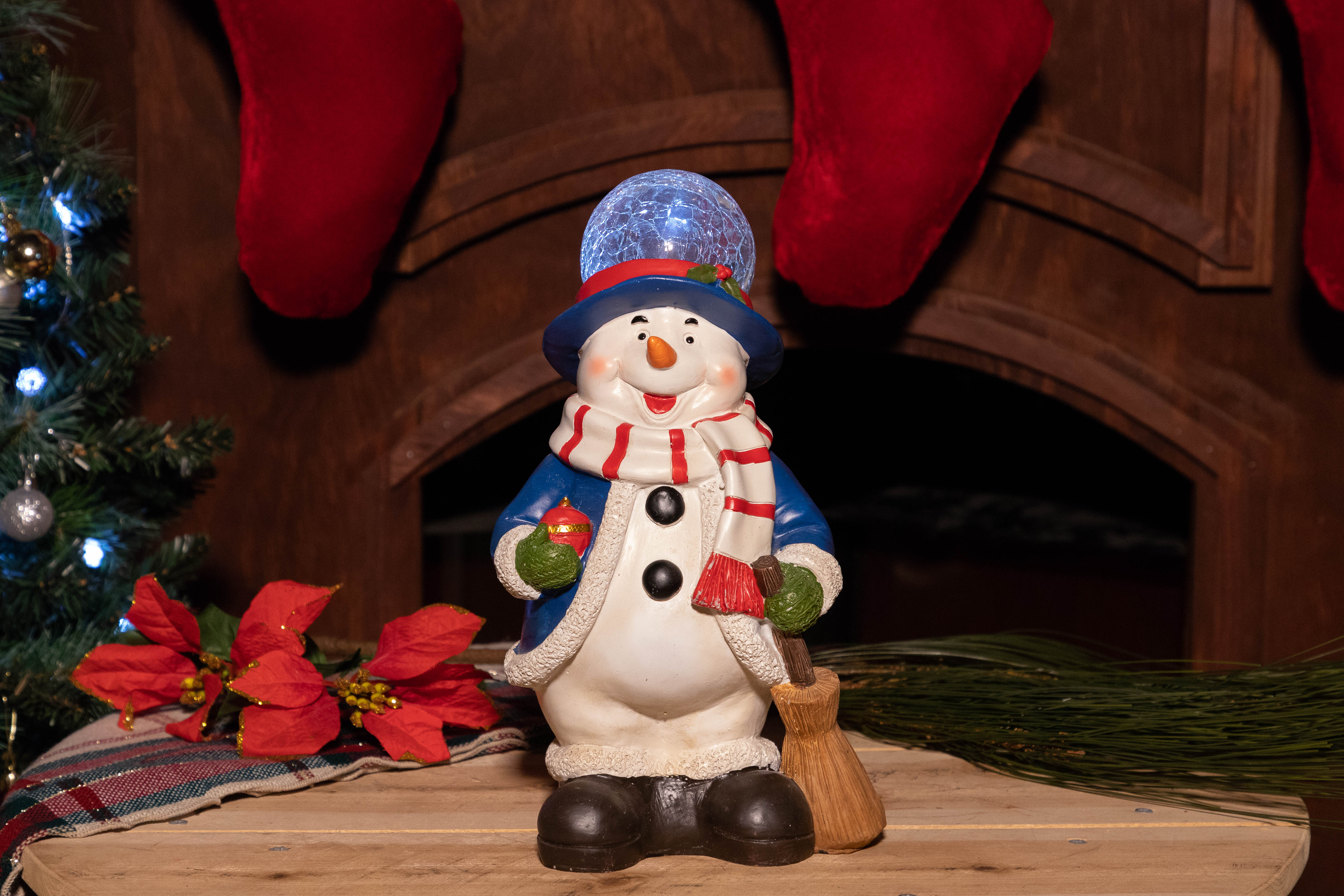 Alpine Christmas Snowman Statue with LED Lights and Timer, 12 Inch Tall