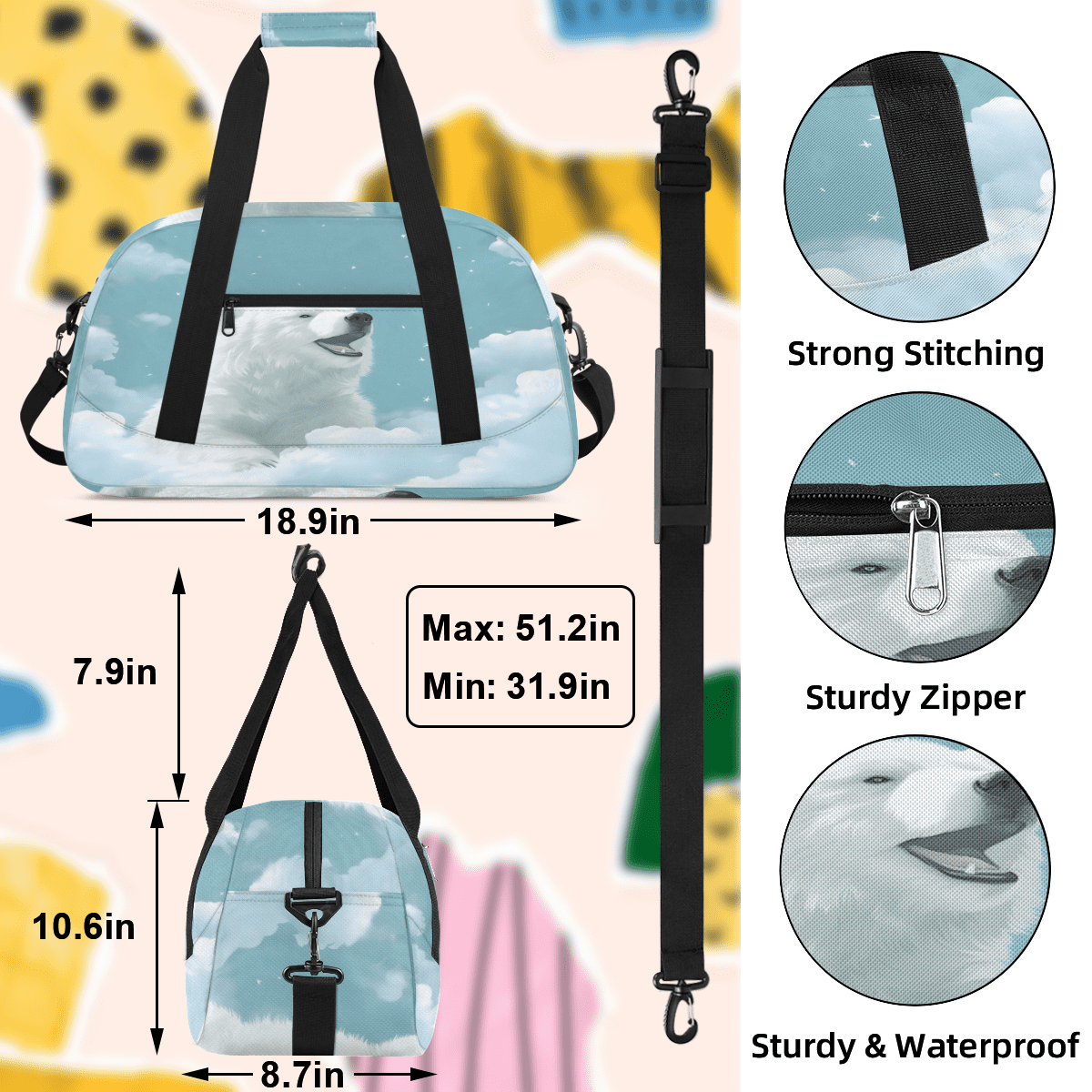 Herdesigns White Bear Sports Duffle Bag for Women & Men, Bear Gym Bag Dance Bag Overnight Bag Carry On Weekender Travel Bag