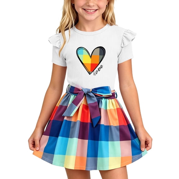 IFNWSV Girls 2 Piece Outfits Short Sleeve Round Neck Heart Print Top and A Line Plaid Skirt Summer Casual Set White 2-3 Yeas
