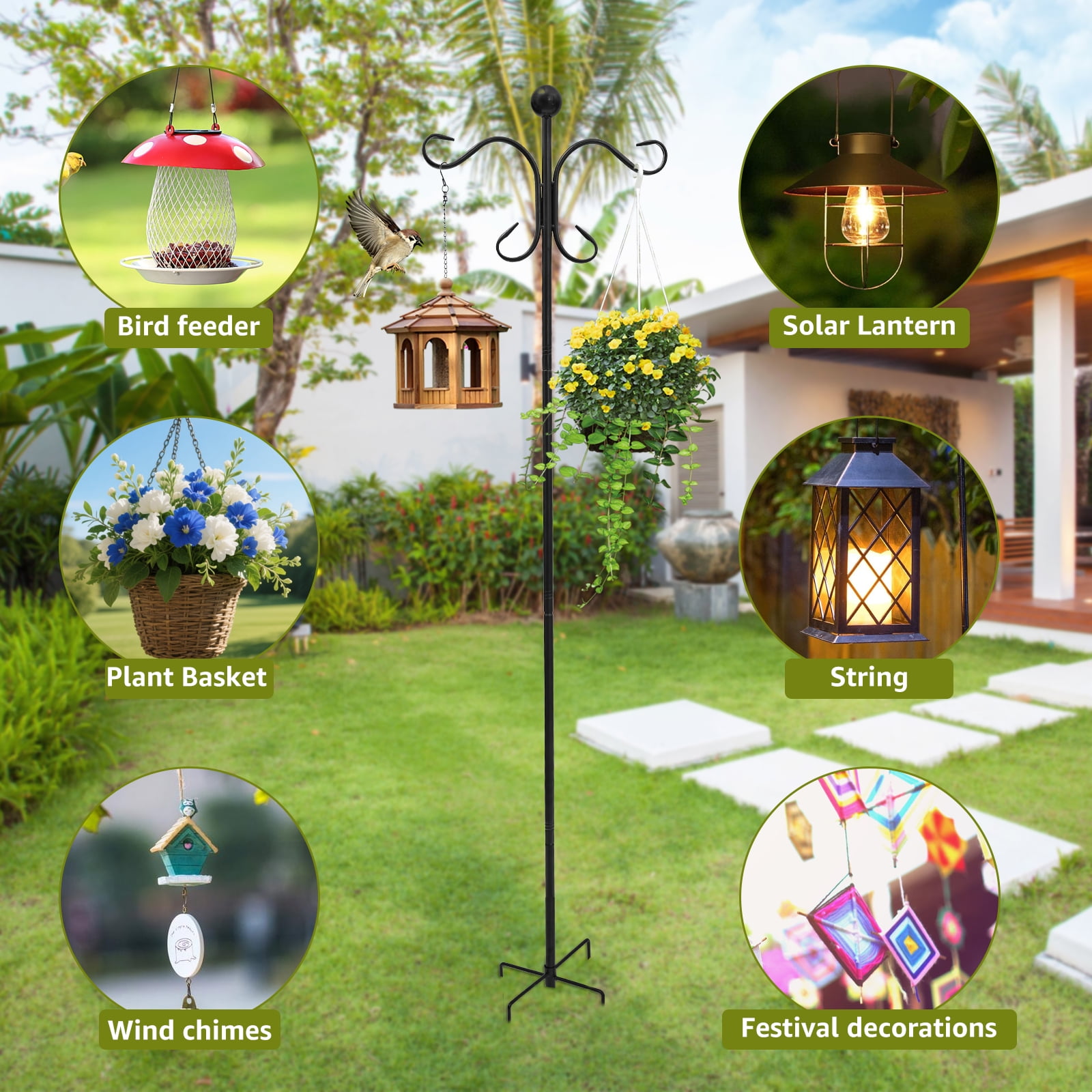 Threns Shepherd Hook 78.35 Inches Iron Double Shepherd Hook with 5 Prong Base Adjustable Bird Feeder Pole for Hanging Basket Solar Lantern