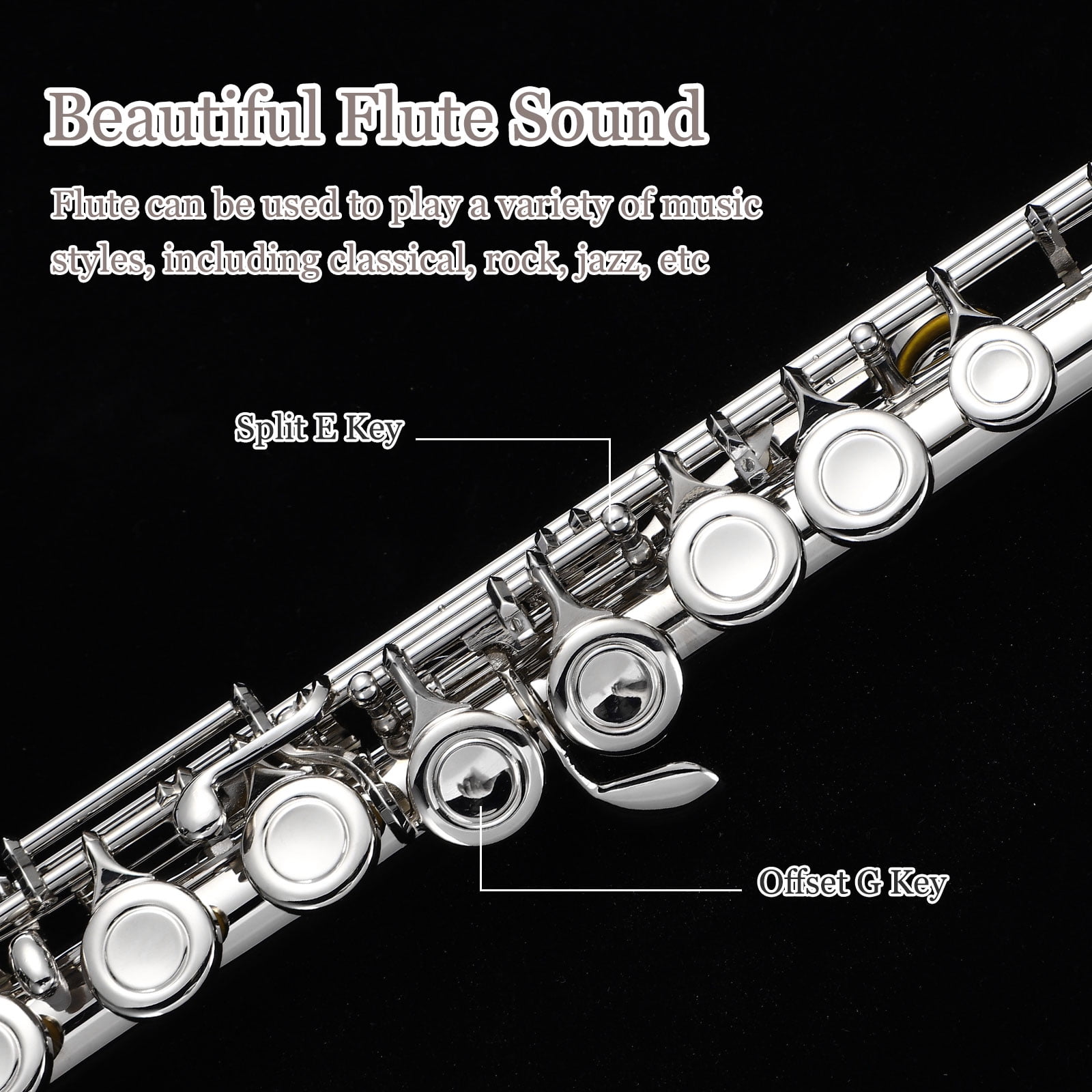 Uxcell C Flutes Closed Hole 16 Keys, Professional Flute for Beginner, with Case, Stand, Cleaning Kit