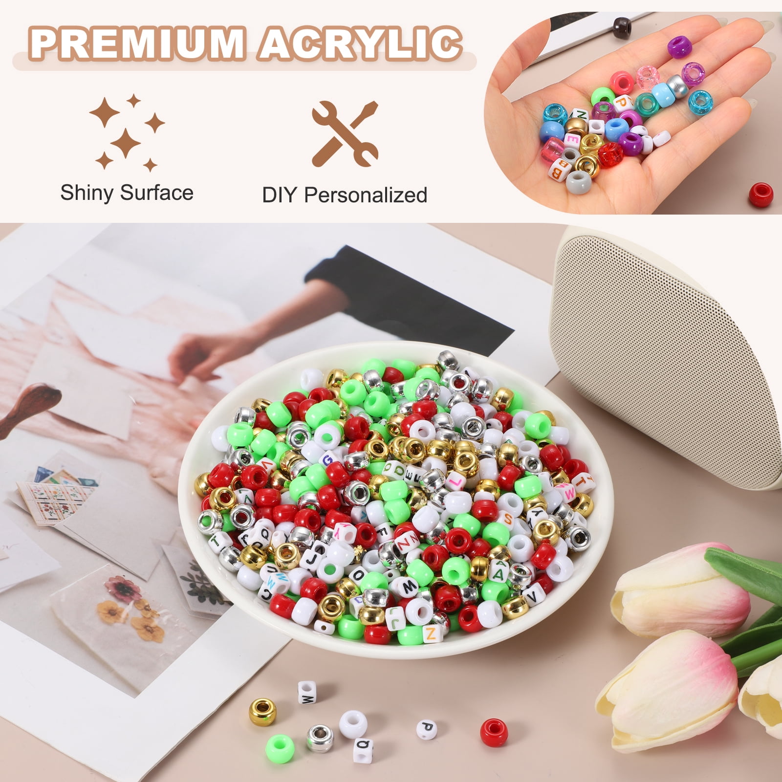 Uxcell 1000 Pcs Pony Beads 6 x 9 mm Acrylic Friendship Bracelet Making Kit with Letter Bead, Red/Green/White