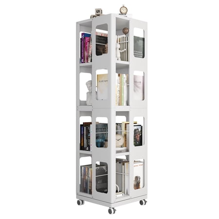 FFZ 4-Tier All-Steel Rotating Bookshelf with 360-Degree Wheels, 16.54 x 16.54 x 54.72 inch, White