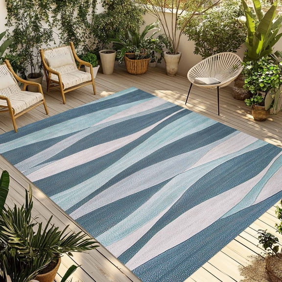 Fsddascl Turquoise Blue Outdoor Rug for Patio/Deck/Porch, Non-Slip Large Area Rug 6 x 9 Ft, Retro Gradient Stripes Abstract Geometric Indoor Outdoor Rugs Washable Area Rugs, Camping Rug Carpet