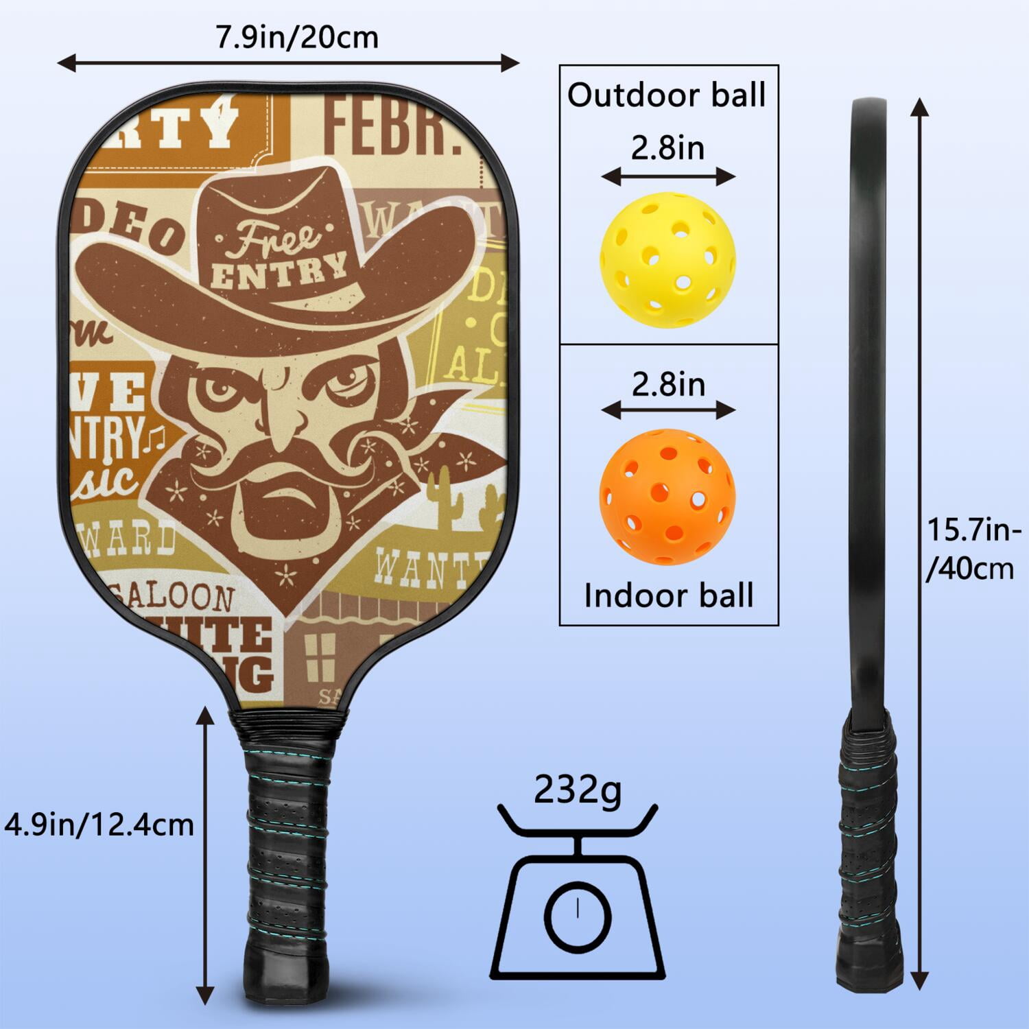Pickleball Paddles Set Of 1, Fiberglass Surface, West & Cowboy Print, 1 Paddle, 2 Balls & Bag